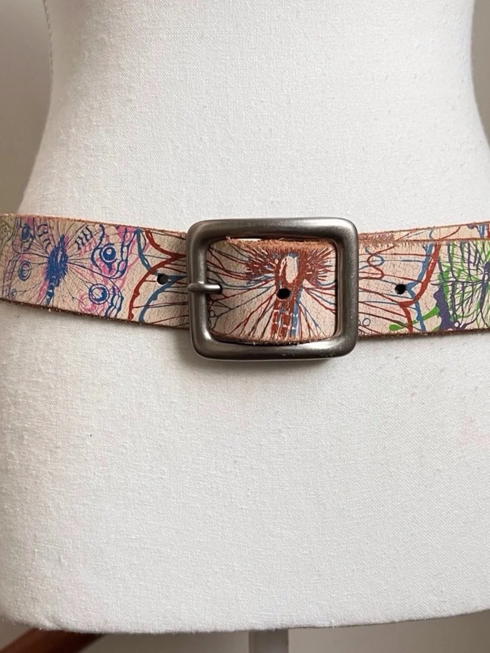 Hand-Painted Floral Leather Waist Belt in Multicolor